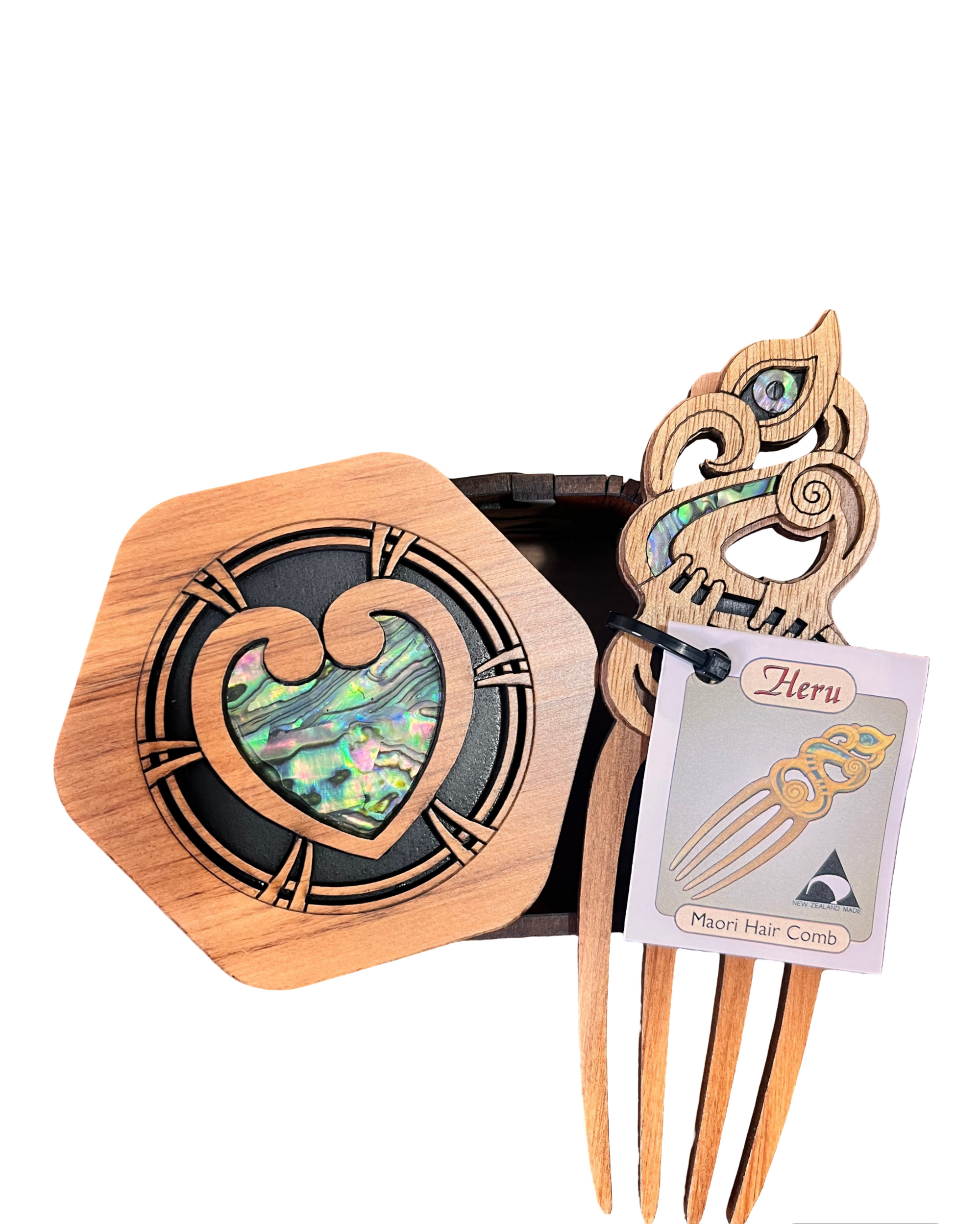 Mother's Day Gift Set - Paua Heart Hexagonal Box  & Manaia Heru (Comb)