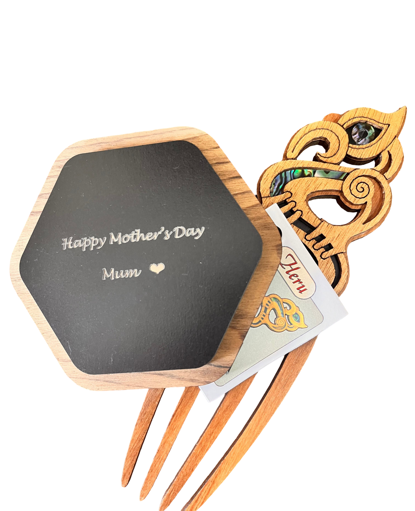 Mother's Day Gift Set - Paua Heart Hexagonal Box  & Manaia Heru (Comb)